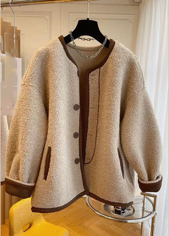 French Khaki O-neck Patchwork Button Faux Fur Coats Winter