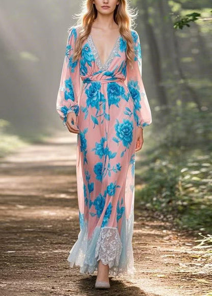 V Neck Lace Print Patchwork Chiffon Dress Spring