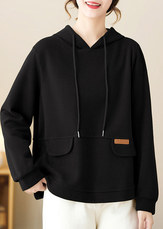 Black Hooded Cotton Pullover Fall
