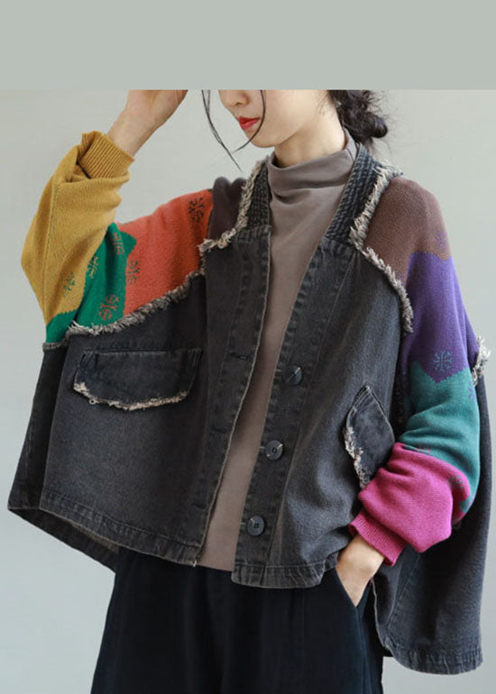Fitted Black V Neck Pockets Patchwork Denim Coats Spring