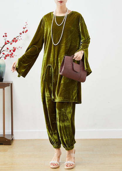 Dull Green Oversized Side Open Silk Velour Two Pieces Set Fall