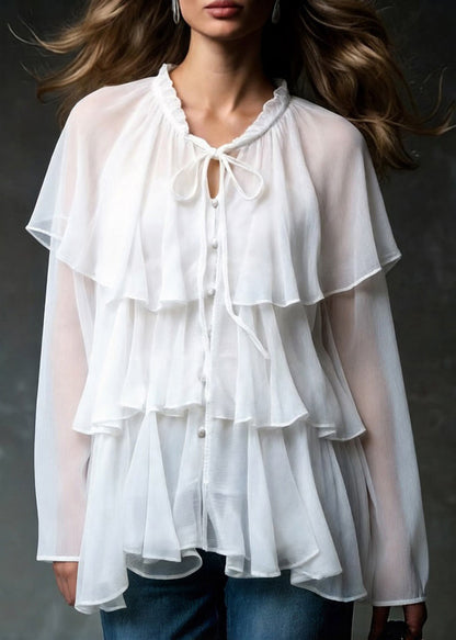Boutique White Lace Up Ruffled Chiffon Shirt Spring