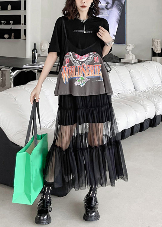 New Black O-neck Print Wrinkled Tulle Patchwork Two Pieces Set Summer