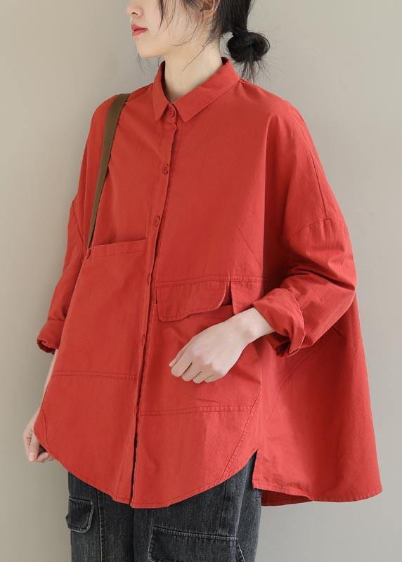 Red Blouse Lapel Asymmetric Short Shirt Top