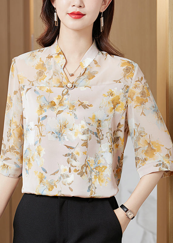 Yellow Stand Collar Print Chiffon Shirt Tops Half Sleeve