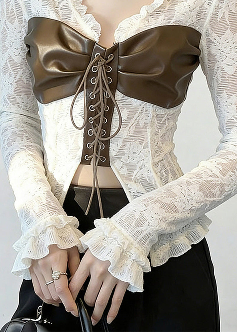 White Patchwork Cross Strap Lace Top Spring