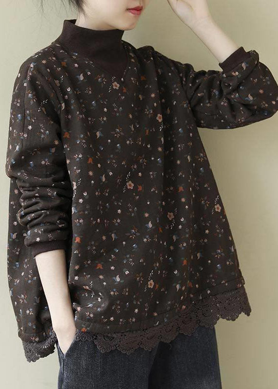 Coffee Turtleneck Print Lace Patchwork Fleece Sweatshirts Long Sleeve