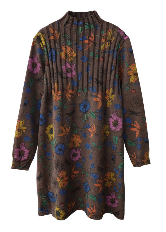 Chocolate Turtleneck Print Side Open Fall Knit Sweater