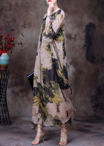 Natural Yellow V Neck Print Chiffon Long Dress and Cotton Spaghetti Strap Dress Sets 2 Pieces Half Sleeve