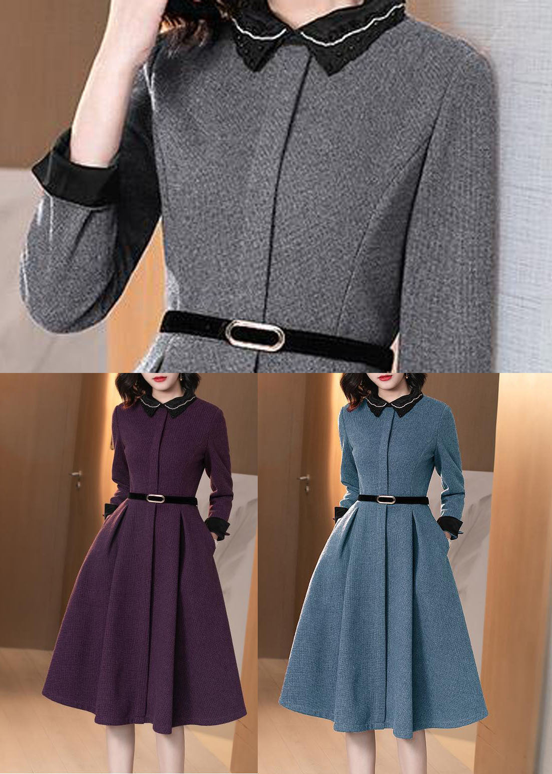 Purple Peter Pan Collar Patchwork Cotton Cinch Dress Long Sleeve