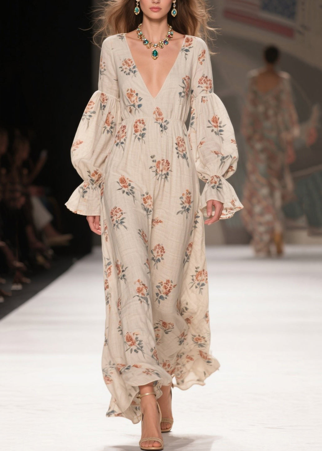 V Neck Print Patchwork Cotton Long Dresses Fall