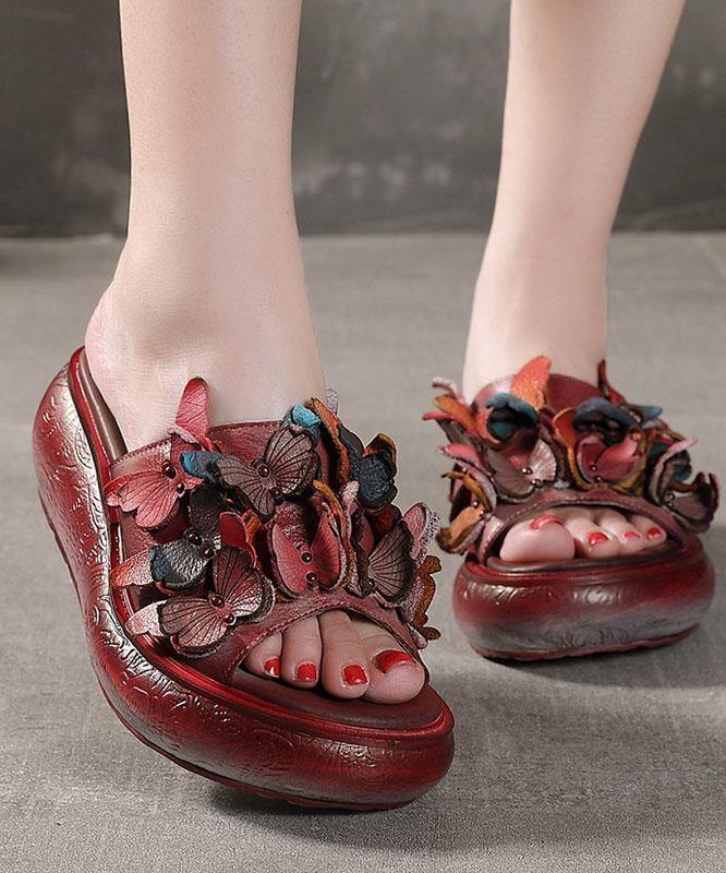 Platform Red Cowhide Leather Peep Toe Slide Sandals