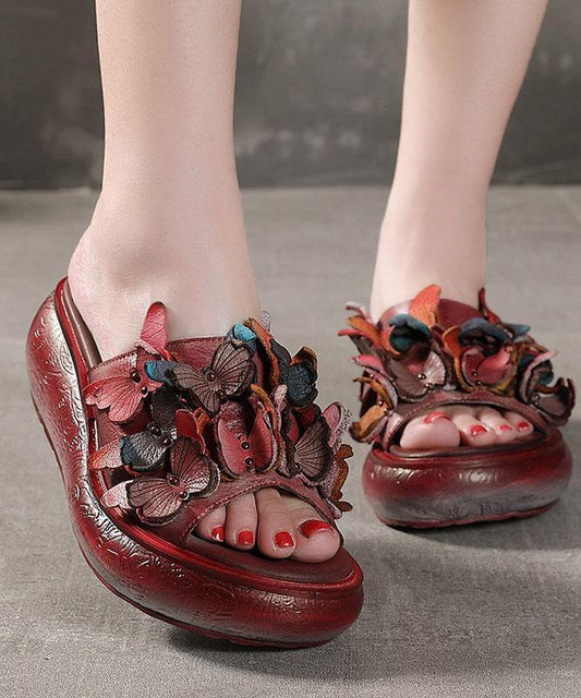 Platform Red Cowhide Leather Peep Toe Slide Sandals