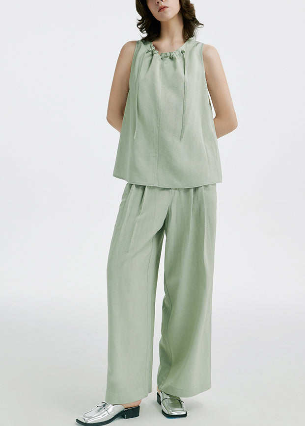 Natural Light Green O-neck Drawstring Silk T Shirts and Wide Leg Pants Two Pieces Set Summer