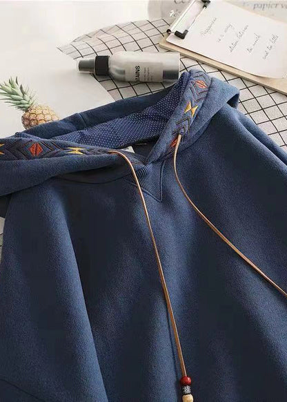 Diy Navy Hooded Embroideried Cotton Sweatshirts Top Spring
