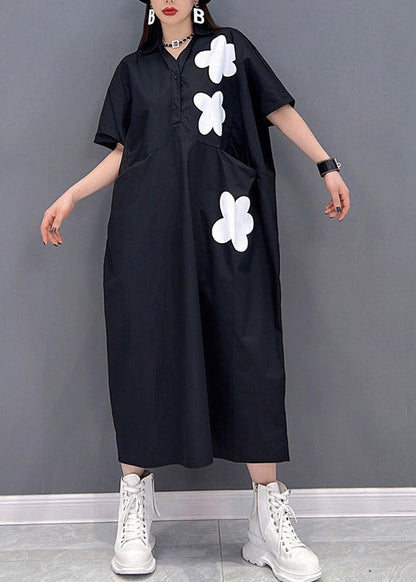 Black Patchwork Pockets Button Cotton Dress Short Sleeve Summer