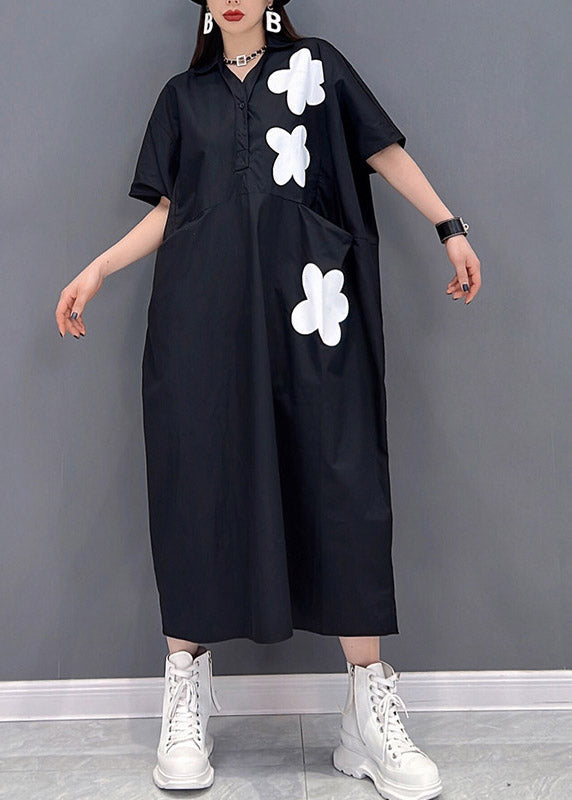 Black Patchwork Pockets Button Cotton Dress Short Sleeve Summer