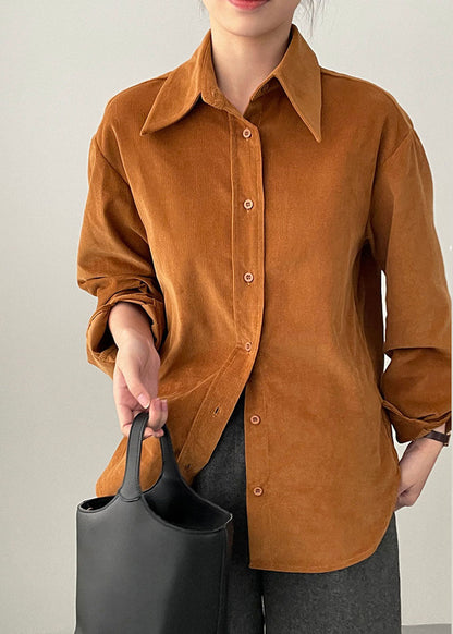 Orange Peter Pan Collar Thick Corduroy Shirts Spring