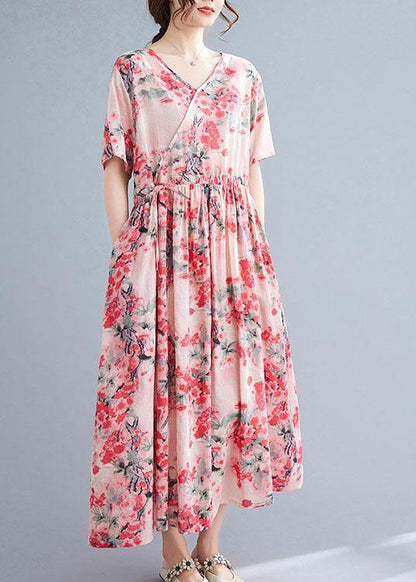 Pink Loose V Necktie Waist Summer Short Sleeve Dresses