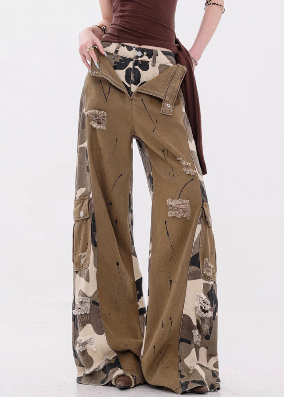 Camouflage Pockets False Two Pieces Patchwork Denim Pants Fall