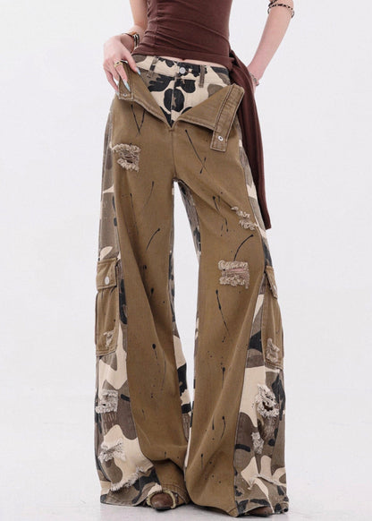 Camouflage Pockets False Two Pieces Patchwork Denim Pants Fall