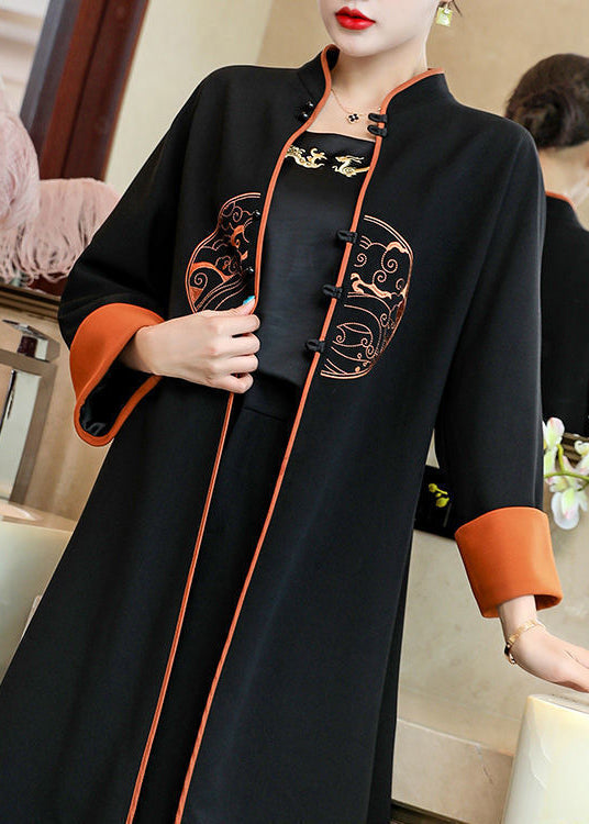 Black Stand Collar Embroideried Patchwork Cotton Two Piece Set Outfits Fall