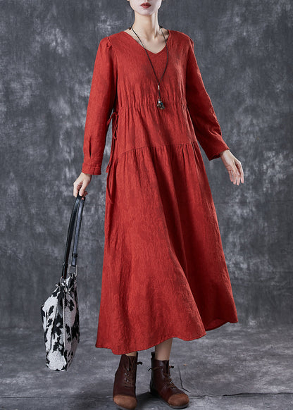 Red Cinched Patchwork Linen Dresses Fall