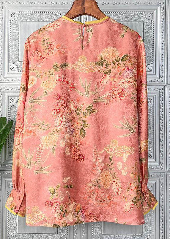 Handmade Orange O-neck Button Patchwork Chiffon Blouse Tops Long Sleeve