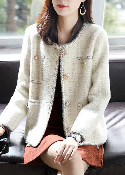 Beige O-neck Plaid Cotton Coats Spring