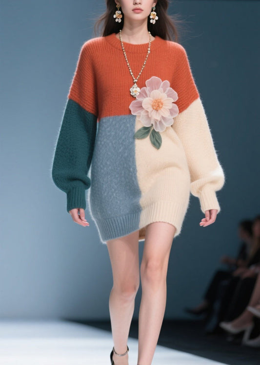 Classy Colorblock O Neck Knit Dress Fall