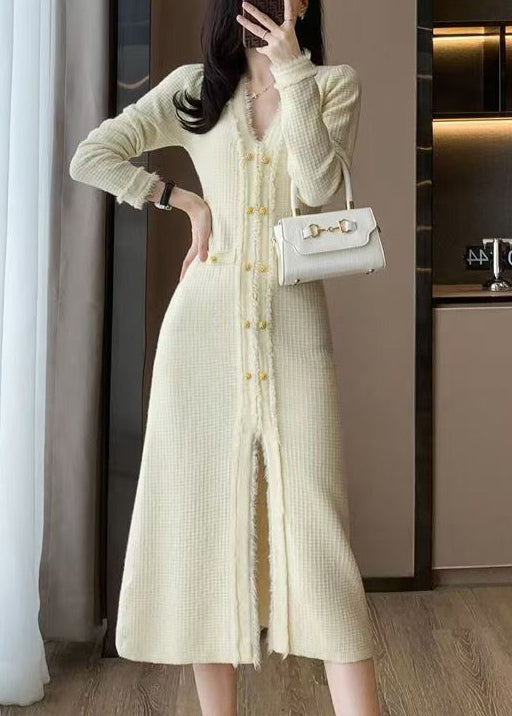 Apricot V Neck Knit Sweater Dress Winter