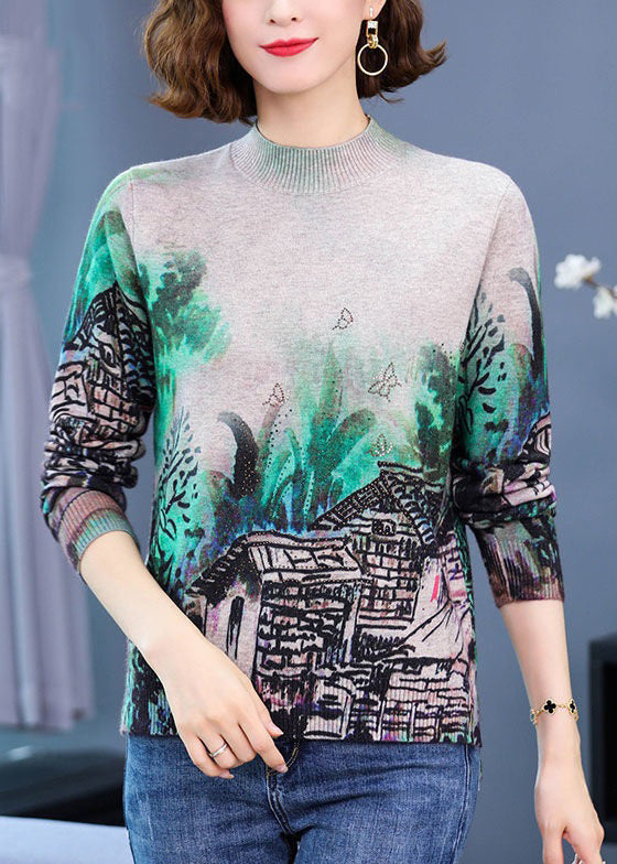 Green Zircon Cozy Cotton Knittop O-neck Long Sleeve