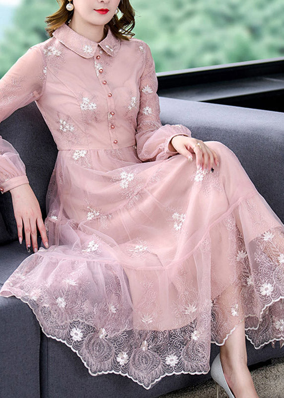 Pink Peter Pan Collar Embroideried Patchwork Button Tulle Maxi Dress Long Sleeve