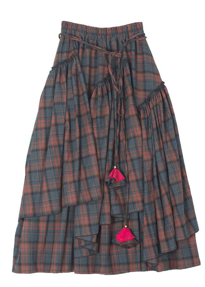 Blue Red Plaid Patchwork Wrinkled Tie Waist Maxi Skirts