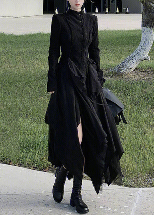 Black Wrinkled Button Patchwork Lace Two Pieces Set Long Sleeve