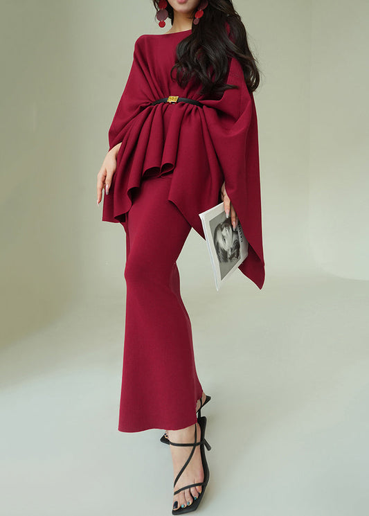 Art Red O-neck Coat and Spaghetti Strap Dress Knit Two Piece Set Fall