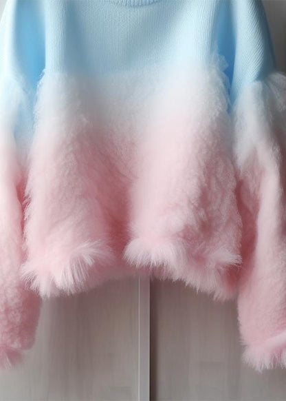 Gradient Color Fluffy Patchwork Cozy Cotton Knit Sweaters Fall