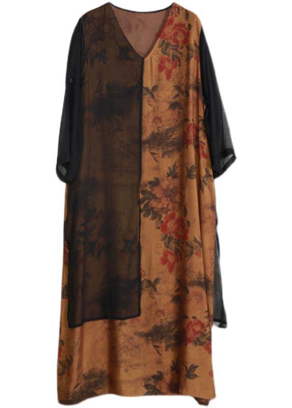 Loose V Neck Patchwork Quilting Clothes Work Outfits Yellow Print Maxi Dresses