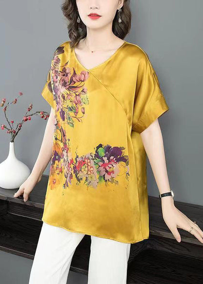 Yellow V Neck Print Patchwork Silk T Shirt Top Summer