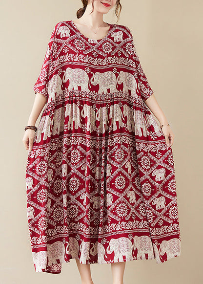 Mulberry Elephant Print Chiffon Long Dress Wrinkled Half Sleeve