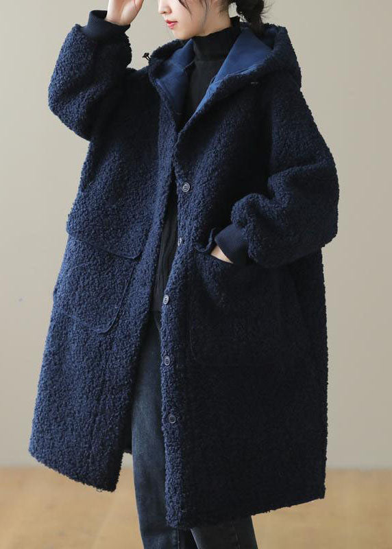Blue Hooded Button Faux Fur Winter Coat