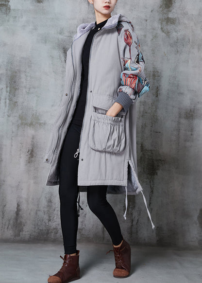 Grey Hooded Print Pockets Fine Cotton Filled Coats Winter
