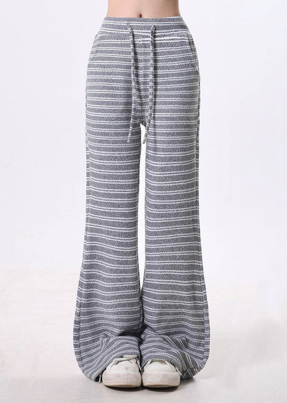 Grey Striped Cotton Bell-bottom Trousers Spring