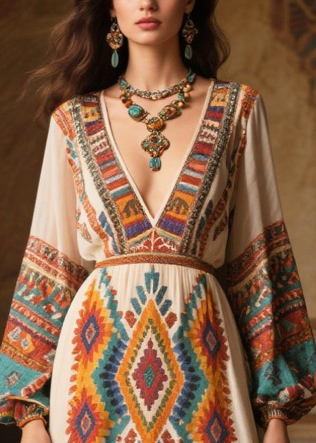 Style Tasseled Print Chiffon Vacation Dress Fall