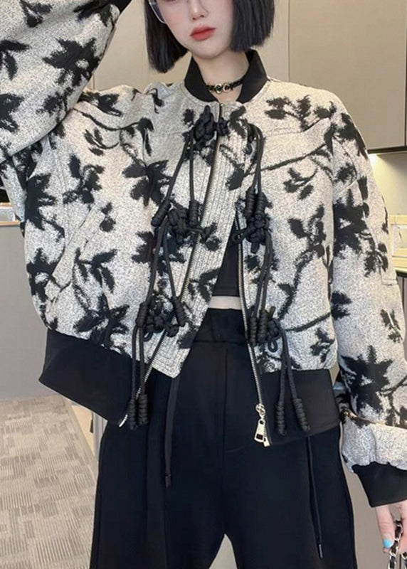French O-neck Zippered Print Coats Long Sleeve