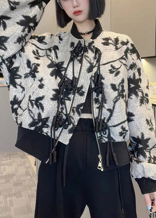 French O-neck Zippered Print Coats Long Sleeve