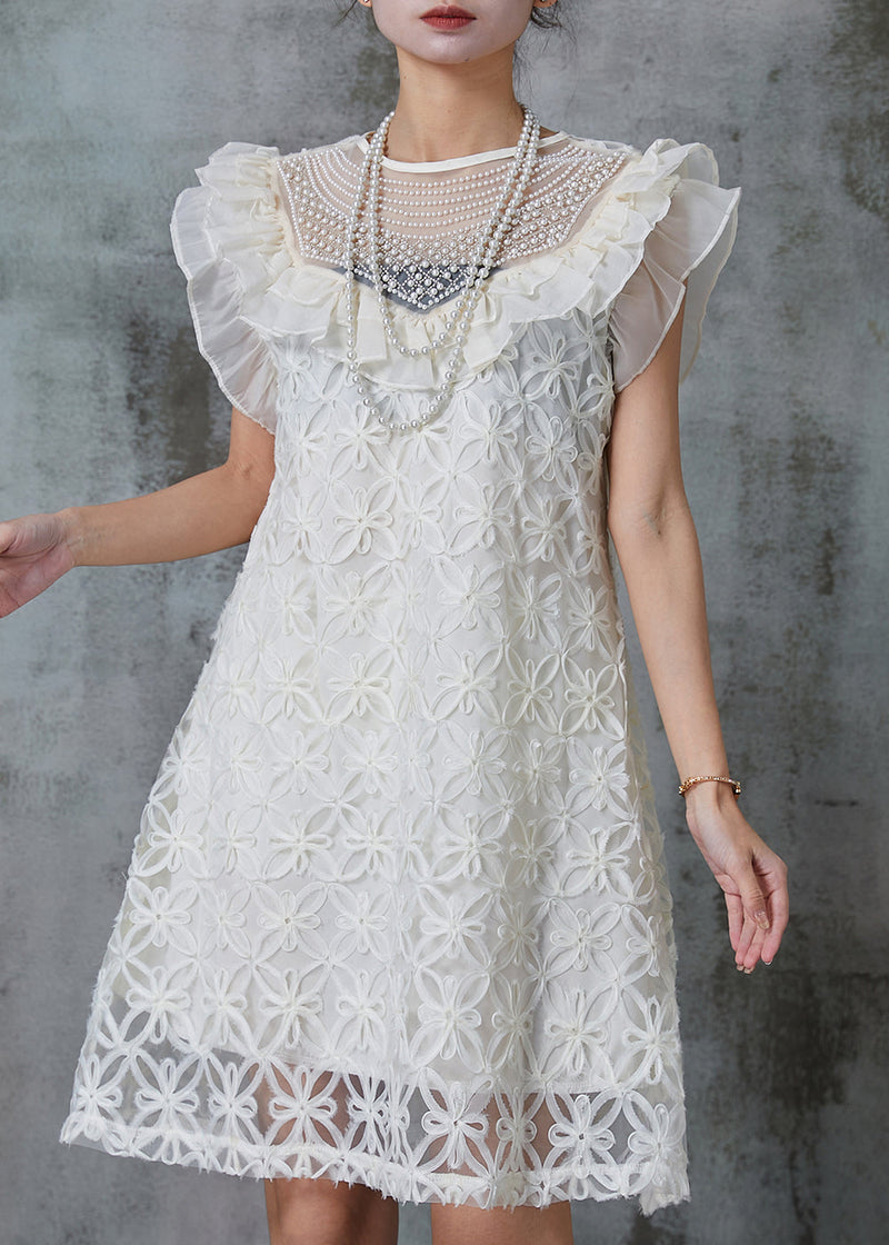 French White Stereoscopic Nail Bead Tulle Mid Dress Summer
