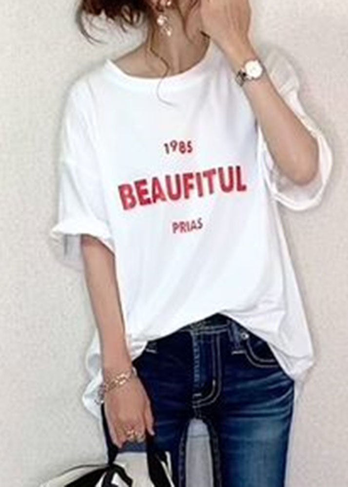 White O Neck Letter Print Cotton T Shirt Summer