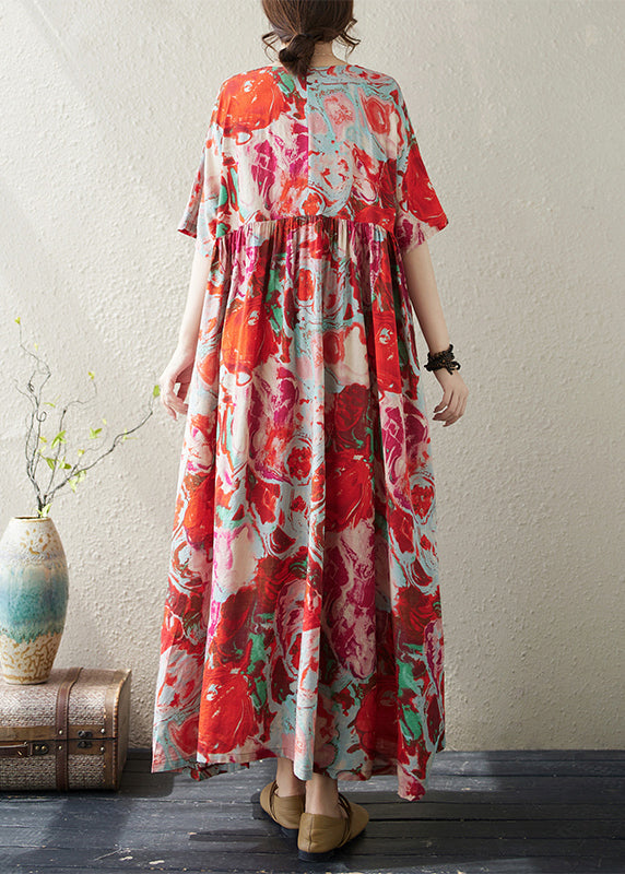 Red O Neck Print Wrinkled Cotton Vacation Dresses Summer