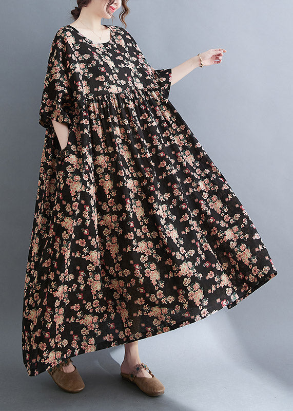 Black O-neck Print Pockets Extra Large Hem Long Dress Summer